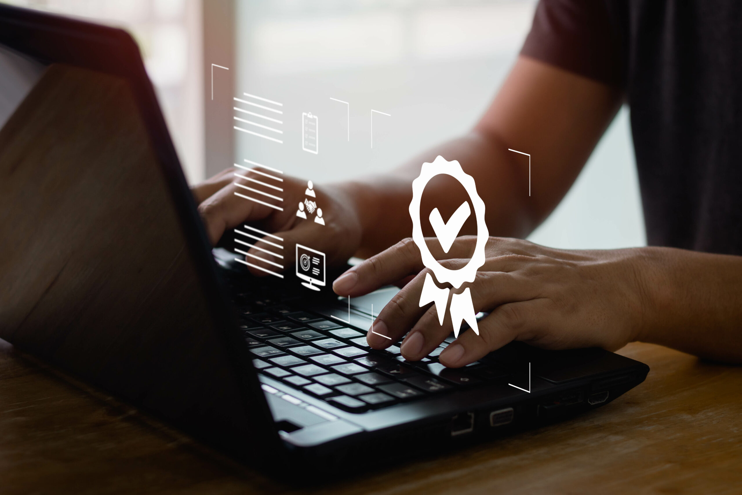 Businessman working with the sign of the top service Quality assurance, Guarantee, Standards, quality control, continuous improvement, ISO certification, and standardization concept.